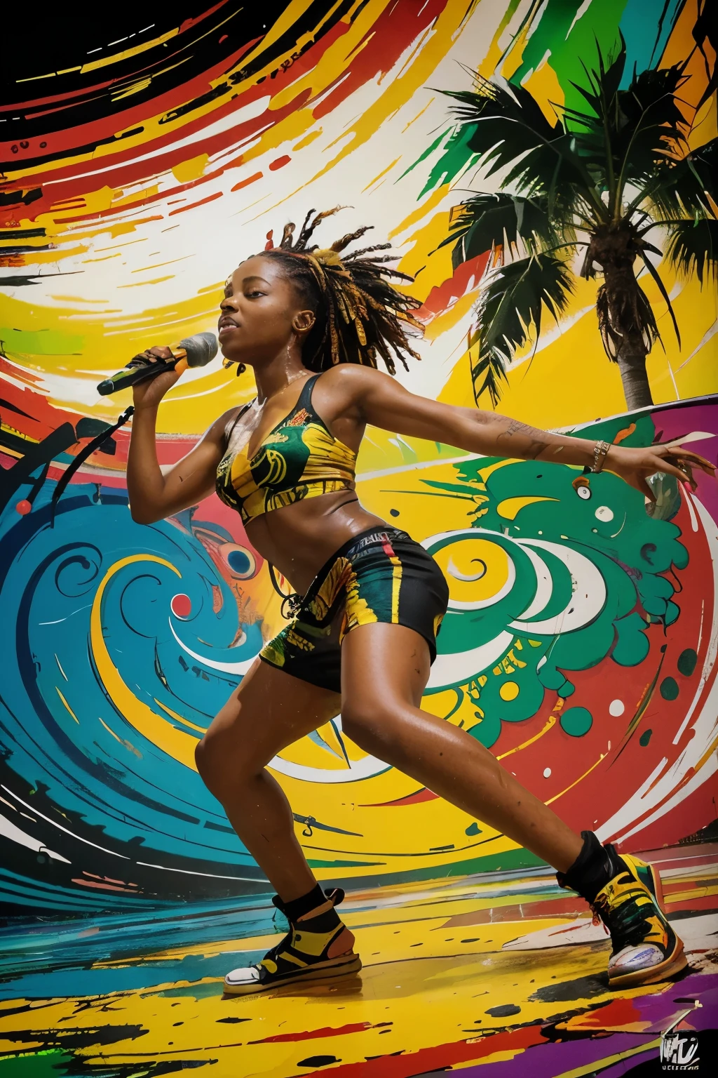 vectorial art, Lots of Jamaican Reggae, Authentic Jamaican Reggae Music Atmosphere,colorful illustrations, At the center, swirly vibrant colors, paint splashes and smears, high détail, palm tree