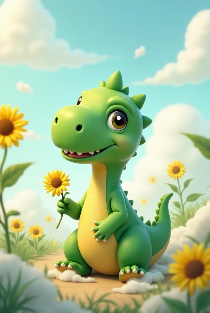 A green dinosaur with a sunflower  in her hand and her  location over of beautiful white clouds.