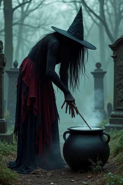 Pombagira Maria rag of souls, works in the cemetery. Wears a hat that covers his eyes, black and dark red rag skirt, long, disheveled black hair, hunched over and stirring a black cauldron