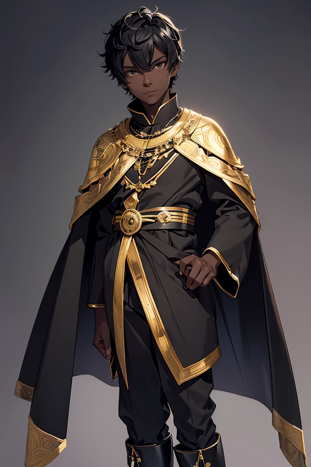 (Boy1),(Man of the masculine gender),(young),(Full body portrait:1.5),(17 year old teenager),(average physical height),(height 1.86cm),(Dark skin:2.0),(mixed facial caricatures oval face and thick flat nose but a little thin And big mouth but smaller and a little thin),(short curly hair on both sides),(dark brown eyes),(young appearance of a teenager),(Wearing),+,(an 8th century emperor's outfit consisting of a still shiny black cape and black pants with black boots with gold lines and a blouse with black sleeves with gold)