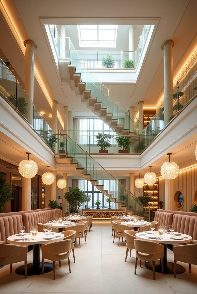 a picture of a modern chic restaurant,in shades of white, beige and gold,With crystal chandeliers,two floors where the lower one has four themes, one in each corner of the restaurant,the four themes are the seasons of the year,and each part has decorations reminiscent of a particular season of the year,it has a glass staircase in the middle of the restaurant that leads to the second floor where there is the VIP area and a bar with chic drinks