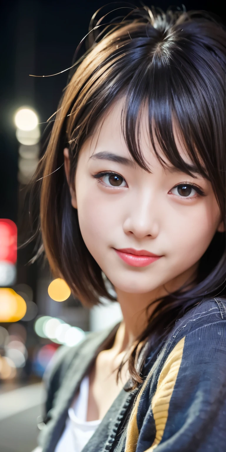 1 person, Tokyo Street,night, Streetscape,City lights,Upper Body,close,smile,, (8k, RAW Photos, Highest quality, masterpiece:1.2),(Realistic, photo-Realistic:1.37),