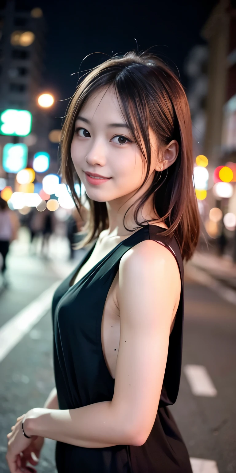 1 person, Tokyo Street,night, Streetscape,City lights,Upper Body,close,smile,, (8k, RAW Photos, Highest quality, masterpiece:1.2),(Realistic, photo-Realistic:1.37),