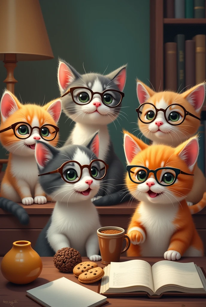 Kittens and cats of different colors, with glasses, Studying, eating cookies and drinking Argentine mate