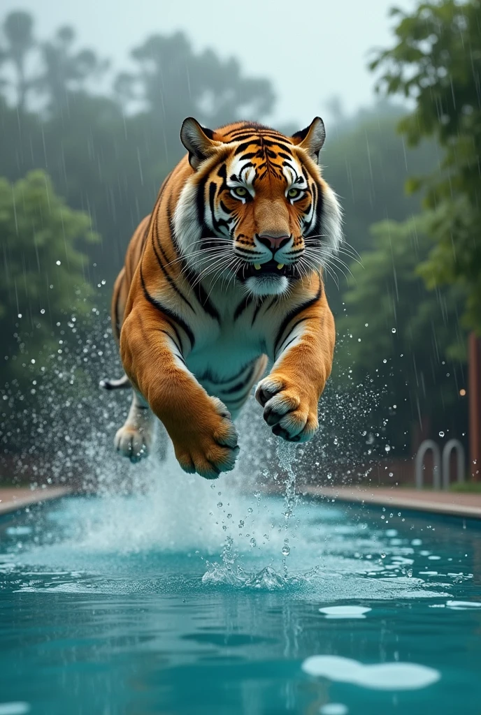 A big cat jumping over a swimming pool in rainy season. Droplets of water splashed in air but not wetting the cat