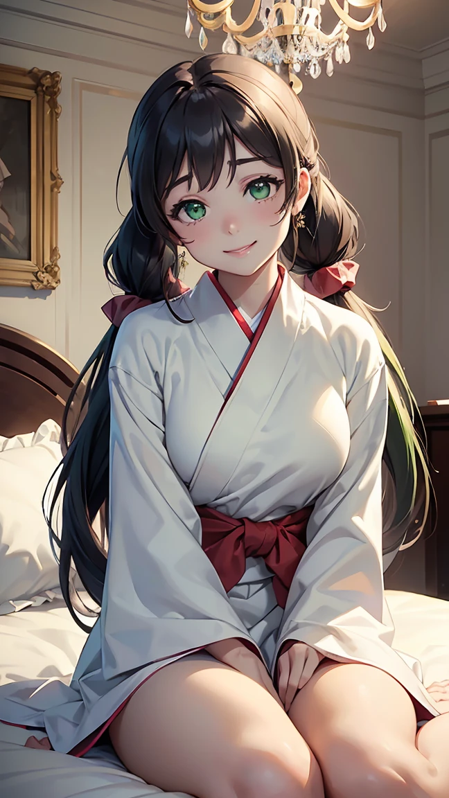 nozomi toujou, (green eyes:1.5), purple hair, twintails, low twintails, scrunchie, long hair,hakama, hakama skirt, japanese clothes, miko, red hakama, long sleeves,---(8K, raw, highest quality, real 1.2), ultra high quality, high resolution, highest quality, perfect face, perfect limbs, perfect fingers, high resolution, (beautiful anime face, cute face, detailed face), smile of joy, smiling expression, sitting on bed, cowboy shot, miniature human hand, (((medium bust 1.3))), (((thin thighs 1.3))), ((white walls bedroom 1.5)), ((white framed bed 1.5)), ((white ceiling bedroom 1.5)), ((divine light 1.5)), pure white chalk interior, pure white marble interior, ((Pure white bedroom like a Western castle: 1.5)), ((Luxurious pure white canopy bed: 1.4)), ((Chandelier: 1.4))), ((Pure white bed 1.5)), ((Beautifully decorated bedroom 1.5)), perfect anatomy, perfect proportions, nice lighting, bright colors, clean lines, information, blurred, stunning facial expression, restless emotions, gorgeous and cute, beautiful face and eyes in every detail, (masterpiece) beautiful face, young and handsome girl, really perfect skin, blurred, stunning facial expression, restless emotions, gorgeous and cute, beautiful face and eyes in every detail, (Audrey Hepburn), (cute), (J-POP idol), (thighs, (depth of field), (depth of field), soft light, glittering lens gaze, (droopy eyes), straight teeth, shy smile, flowing hair, a scene from Blake's movie,