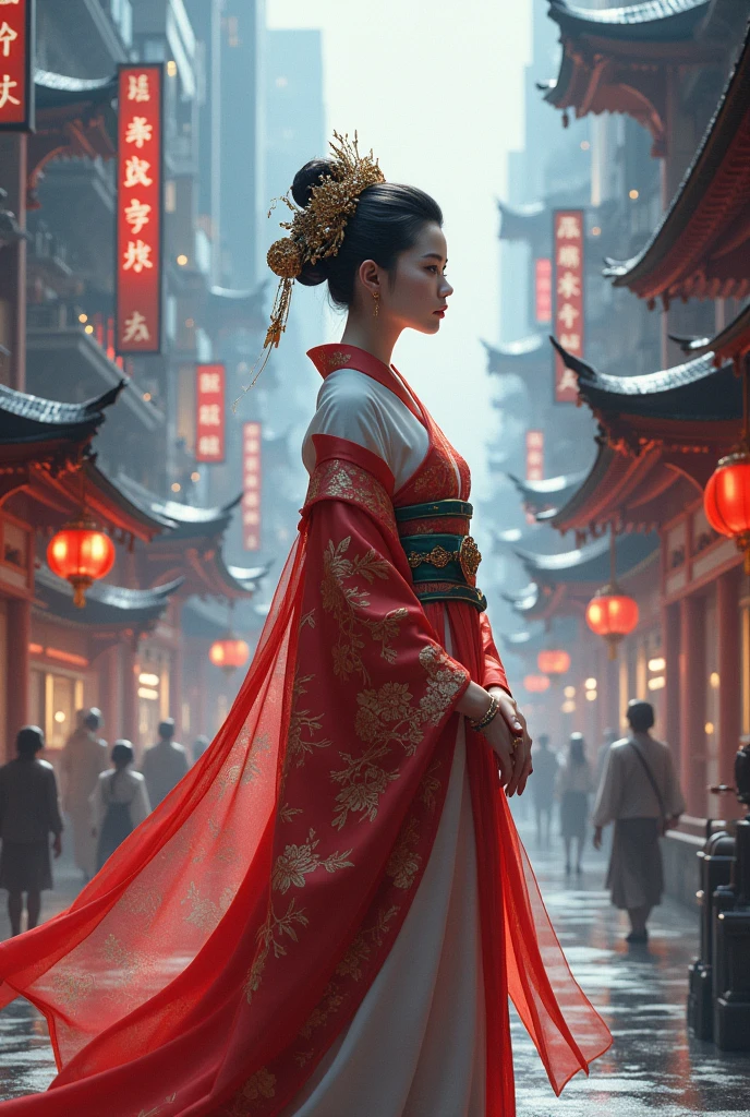 (Best Quality), Girl,oriental detailed background, eastern cityscape, steampunk, Miko