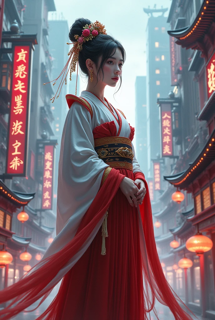 (Best Quality), Girl,oriental detailed background, eastern cityscape, steampunk, Miko