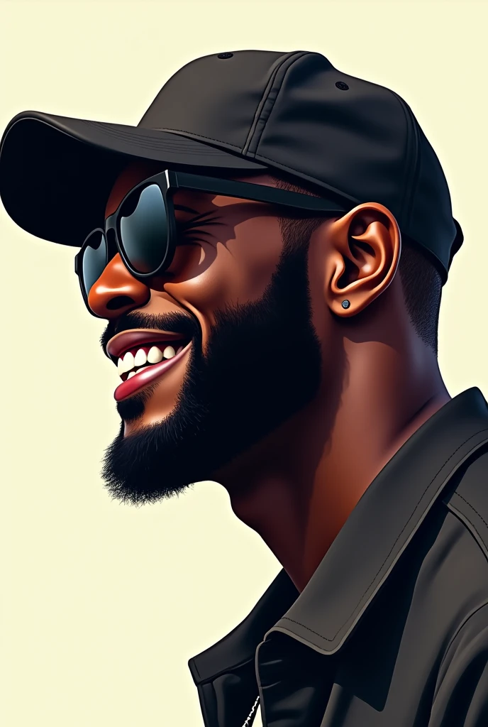 Create a vector with only the face of a dark-skinned man, thick face in profile, wearing sunglasses and a cap, smiling.
