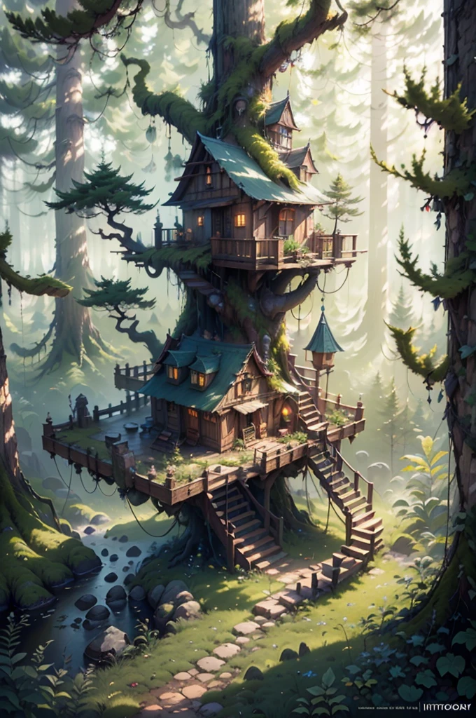 Landscape of a beautiful three-level fantasy tree house, highy detailed, Clear photography, photorrealistic, soft pastel colors, highy detailed, intrikate, path tracing, illustration, insanely detaileda, volumetric shadow mapping light, specular lighting