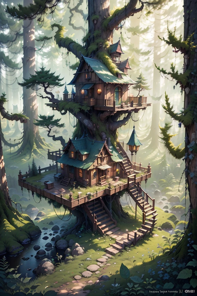 Landscape of a beautiful three-level fantasy tree house, highy detailed, Clear photography, photorrealistic, soft pastel colors, highy detailed, intrikate, path tracing, illustration, insanely detaileda, volumetric shadow mapping light, specular lighting