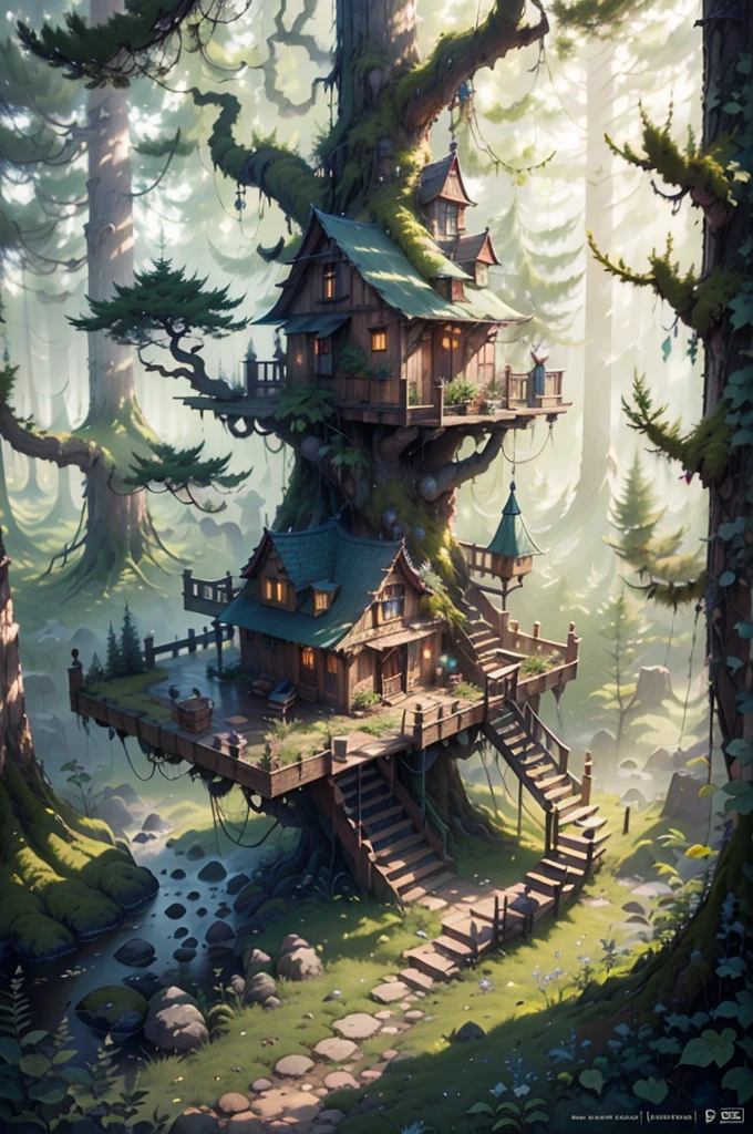 Landscape of a beautiful three-level fantasy tree house, highy detailed, Clear photography, photorrealistic, soft pastel colors, highy detailed, intrikate, path tracing, illustration, insanely detaileda, volumetric shadow mapping light, specular lighting