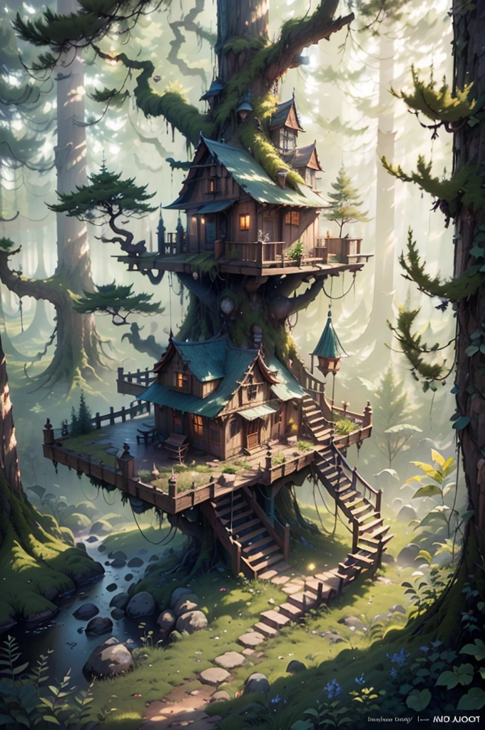 Landscape of a beautiful three-level fantasy tree house, highy detailed, Clear photography, photorrealistic, soft pastel colors, highy detailed, intrikate, path tracing, illustration, insanely detaileda, volumetric shadow mapping light, specular lighting