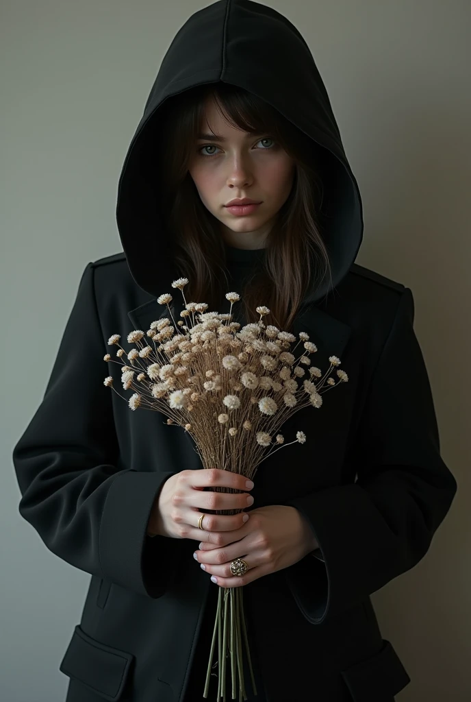 teenage torso, with black coat, delicate hands with a ring, holding a bouquet of flowers