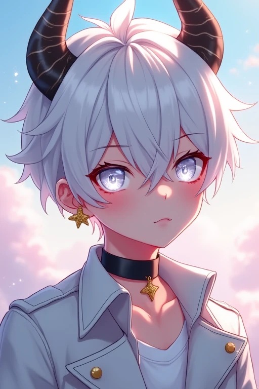 1 Vtuber-style boy 2 white jacket, star earrings and black choker 3 white hair and white horns with gold details and white star eyes