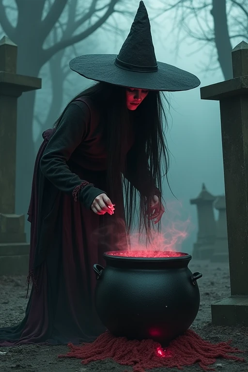 Pombagira Maria rag of souls, works in the cemetery. Wears a hat that covers his eyes, black and dark red rag skirt, long, disheveled black hair, hunched over and stirring a black cauldron