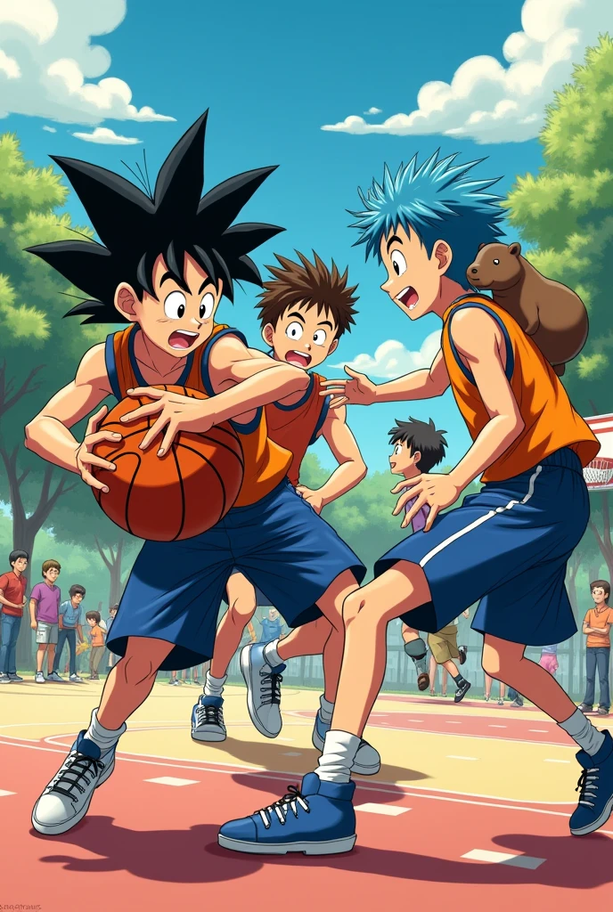 Create a young adult male, with short black hair and black eyes in the Dragon Ball style, resembling young Gohan, playing basketball with a young adult male with slightly tanned skin and short spiky blue hair in the anime style and a capybara on his back with a third young adult male with short brown hair in the anime style playing with them