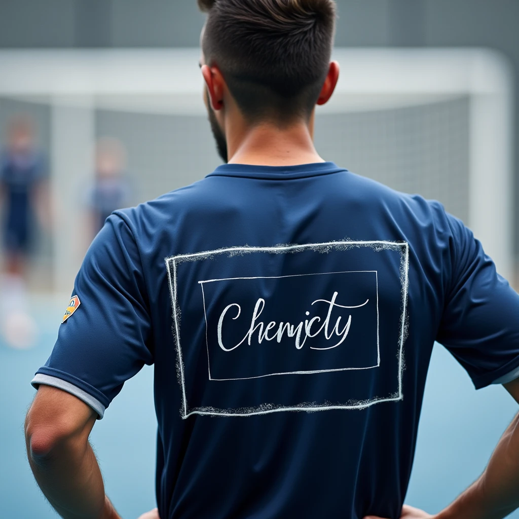 navy blue player with a rectangular chemistry drawing on the back