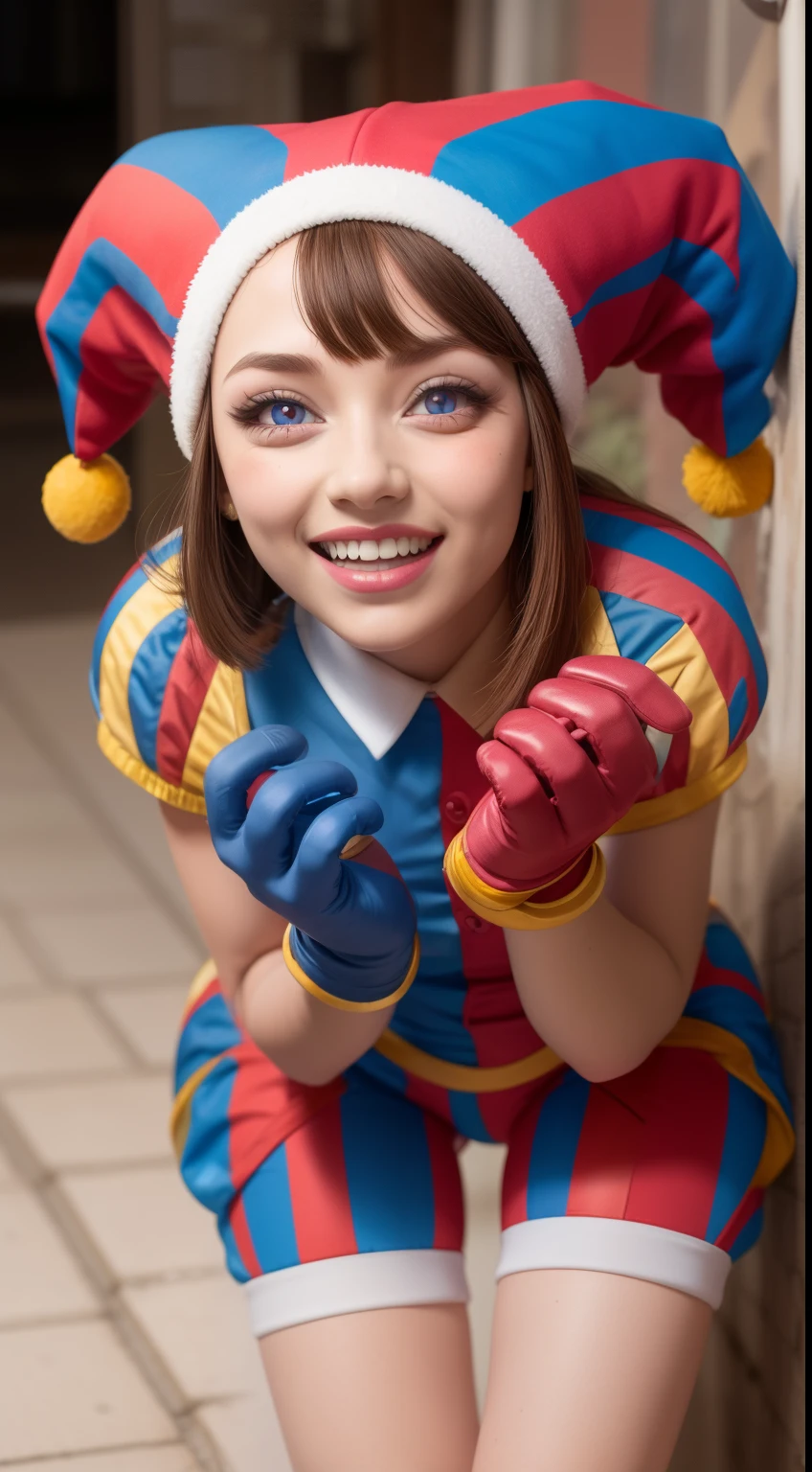 pomni, multicolored clothes, jester cap, puffy short sleeves, gloves, buttons, colored skin, symbol-shaped pupils, red eyes, blue eyes, white background, scenery, ink, light smile,