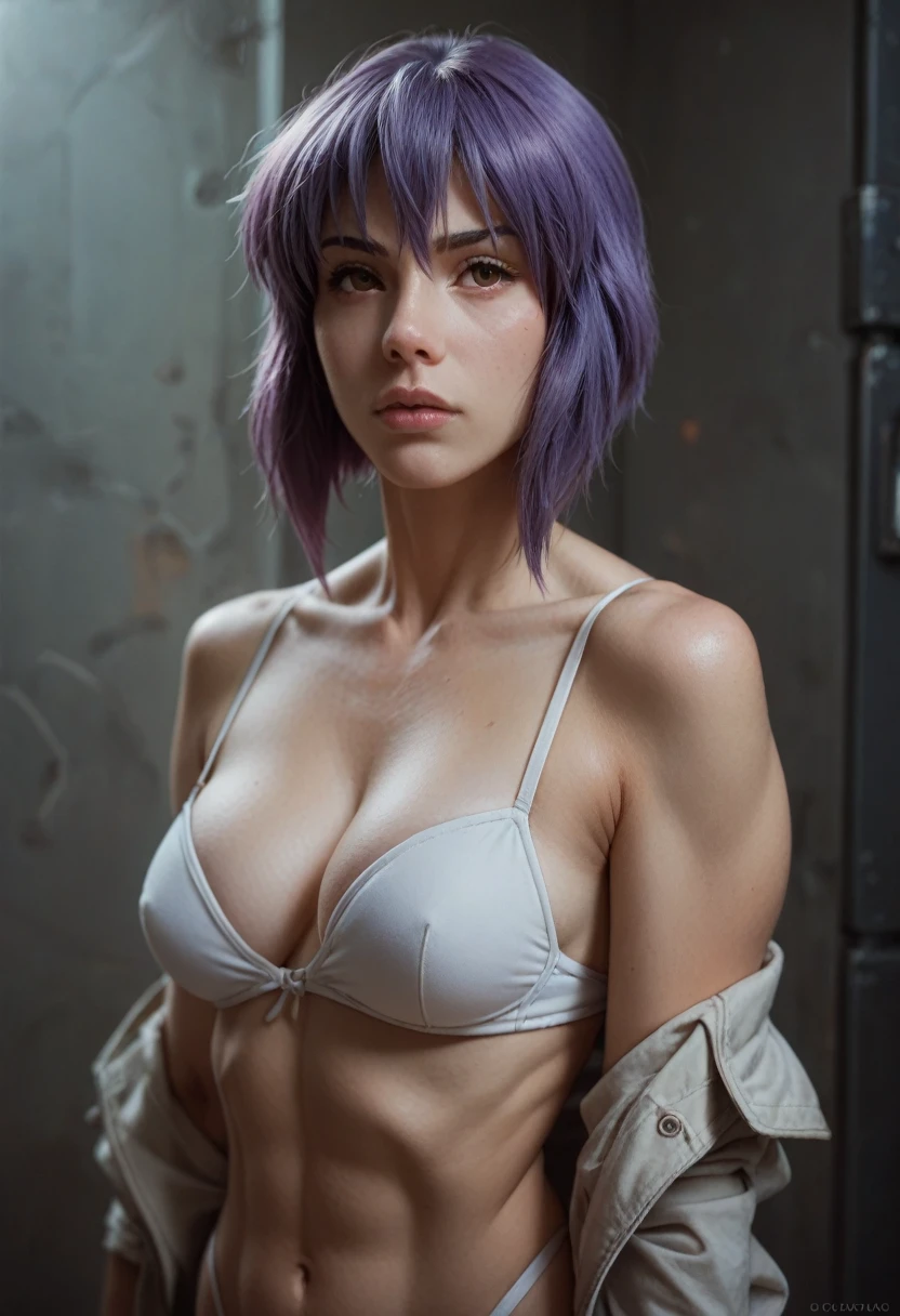 Ghost in the Shell's super muscular Motoko in purple adult abnormal swimsuit does ahegao training with laughing man