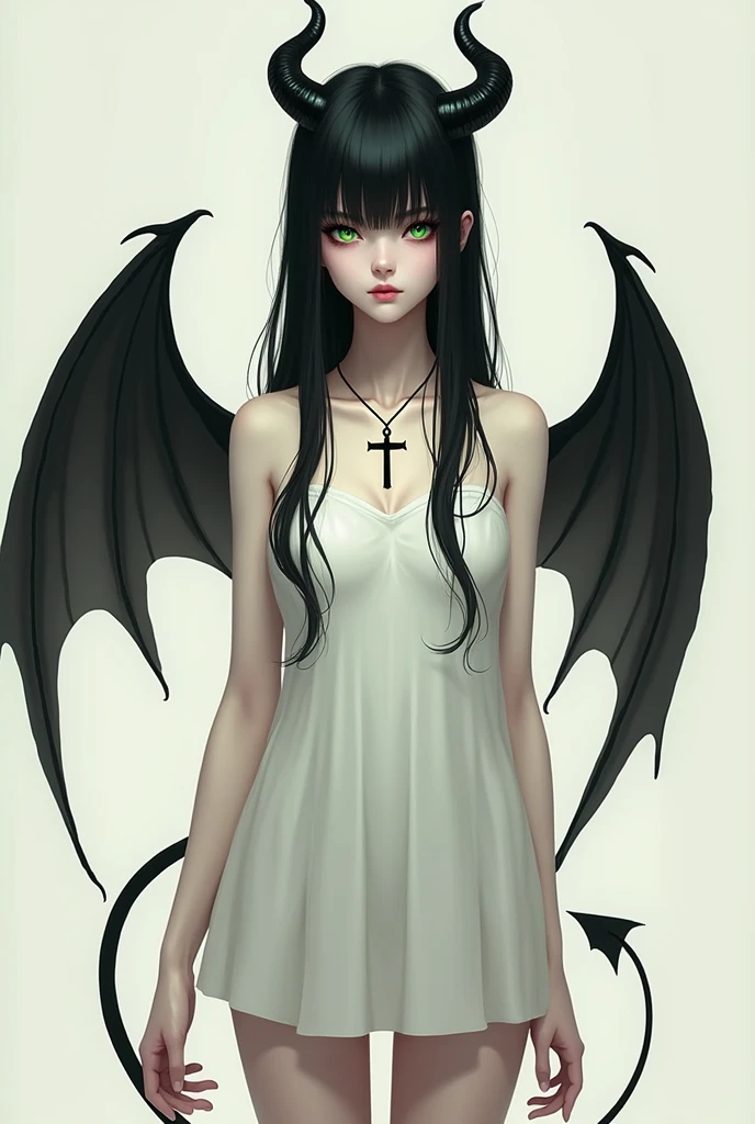 draw a girl with black long hair, with black horns, green eyes, short straight bangs and in a white dress above the knee, with a tail like the devil and the wings of a bat, a cross necklace around the neck