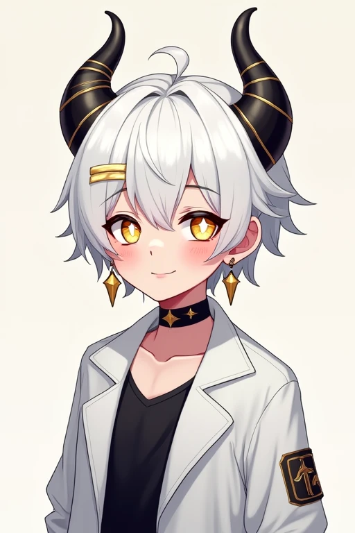 1 Vtuber-style boy 2 white jacket, star earrings and black choker 3 white hair and white horns with gold details and white star eyes