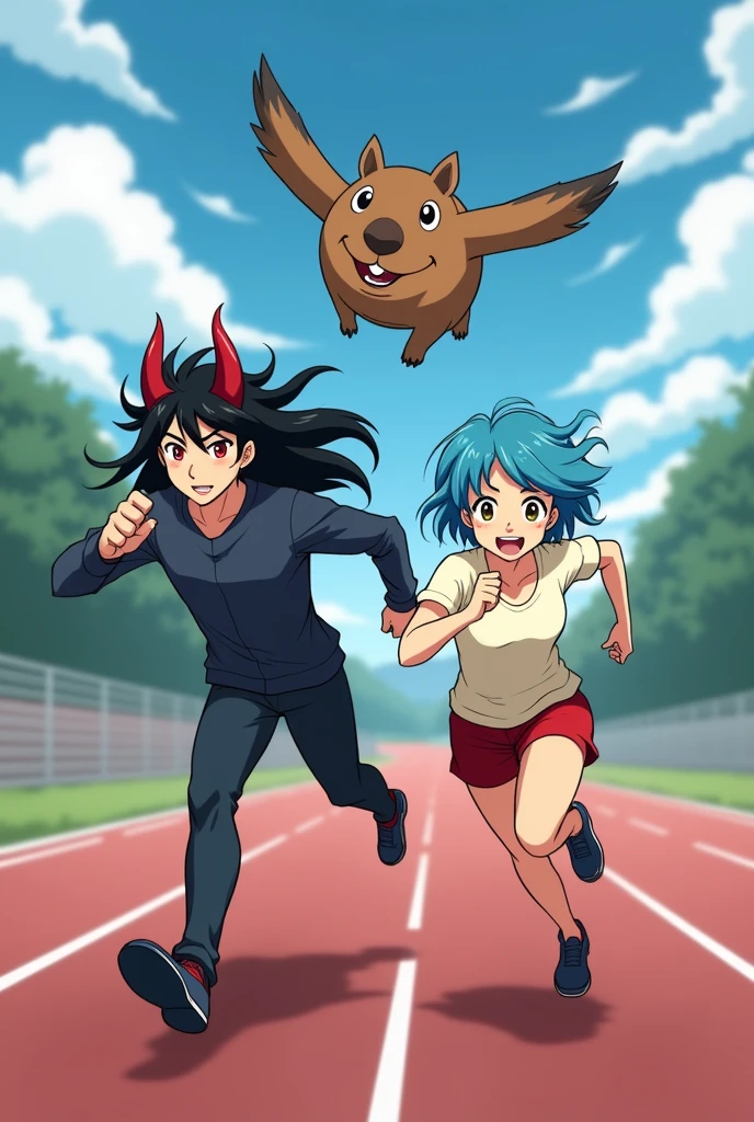 Make a man with long beautiful black hair, red eyes and anime-style devil horns running on a racetrack alongside a young adult with short blue hair, slightly tanned skin and a smile while being chased by a flying capybara