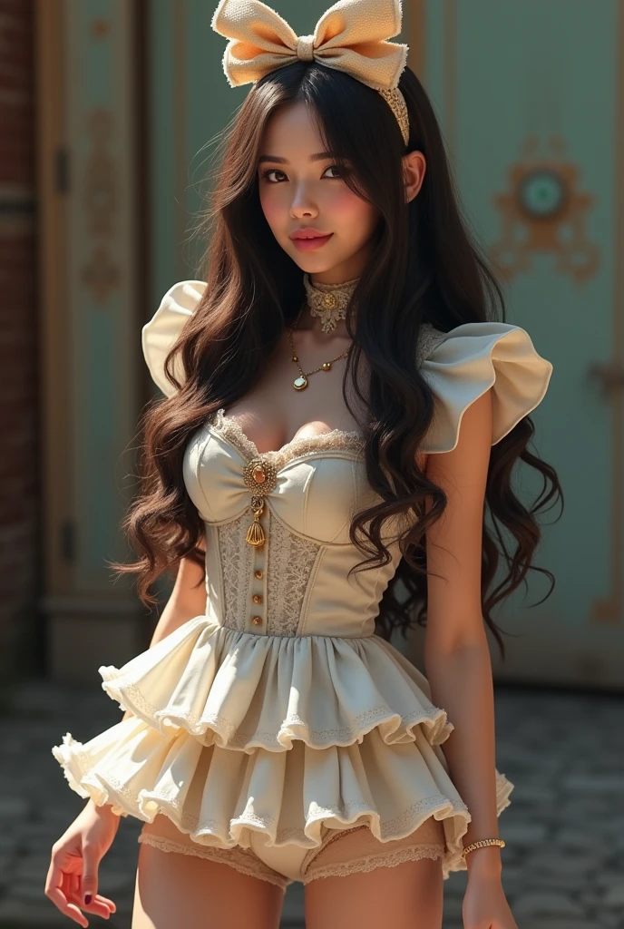 Brunette influencer, dress as Alice in Wonderland outfit, short dress, panties, bow in hair, cute smile