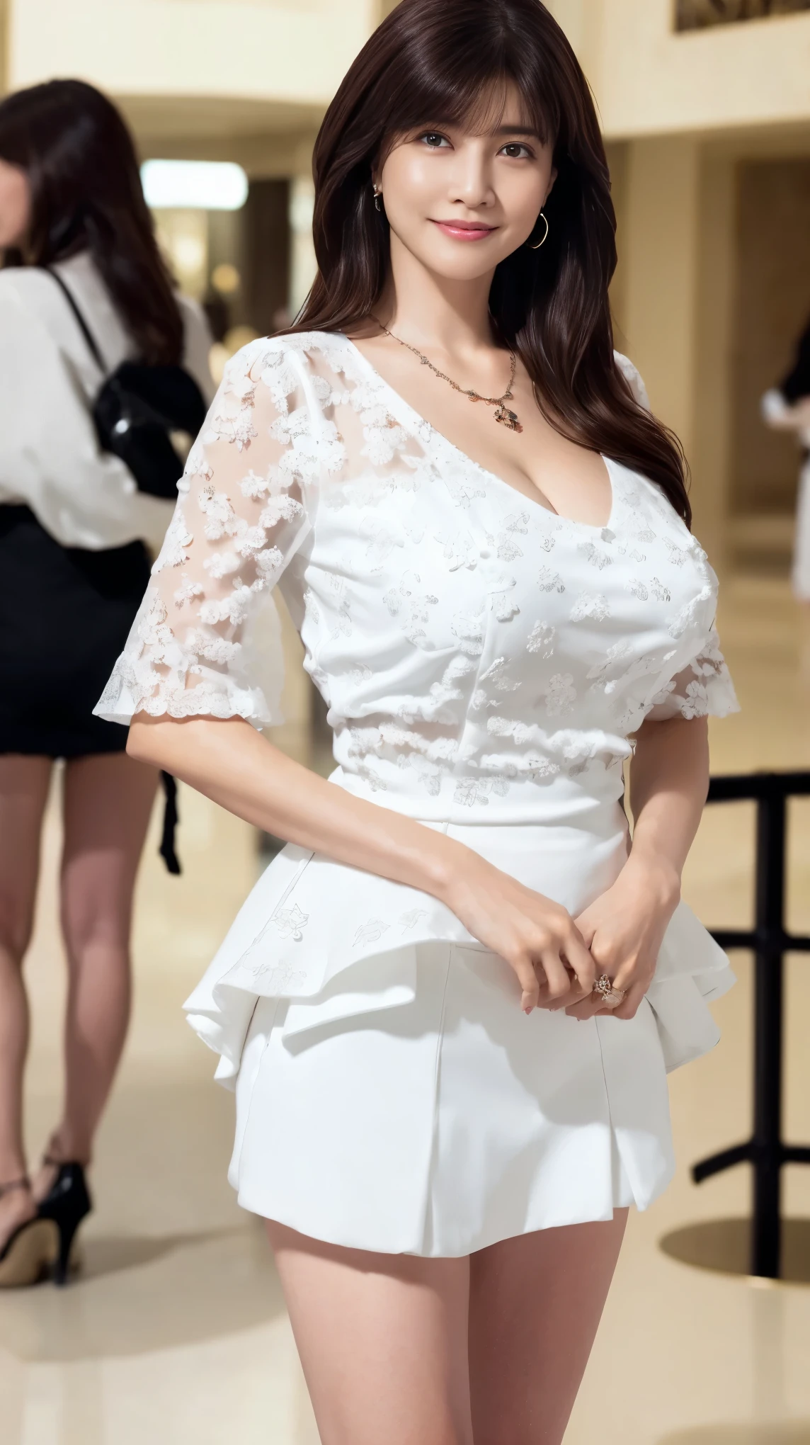 (8k,Ultra-high resolution,Highest quality,masterpiece,Realistic,Ultra-high resolution,High-quality RAW color photos,Professional photos,Realistic,Realistic),Natural skin texture,Fine skin,Hyperrealism,Intricate details,Adult women,Eye highlights.Lip gloss,Glossy Lips,(Cute smile,Semi-long hair,Dark blonde hair,bangs),((gigantic breast,Big Breasts,on side,skirt lift)),necklace,((white sheer peplum blouse,black floral flare skirt),High heels),Walking through a shopping mall,(walking),skirt lift
