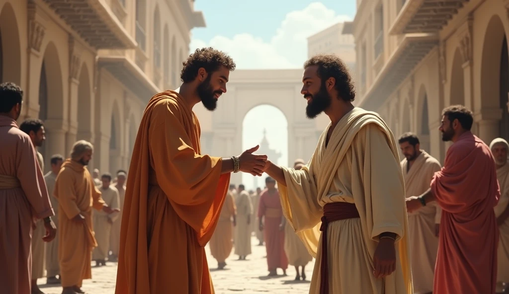 An apostle helping a needy person on a busy street. The background shows an ancient city with people interacting. The image is smooth, WITH PASTEL TONES, Conveying feelings of compassion and solidarity.