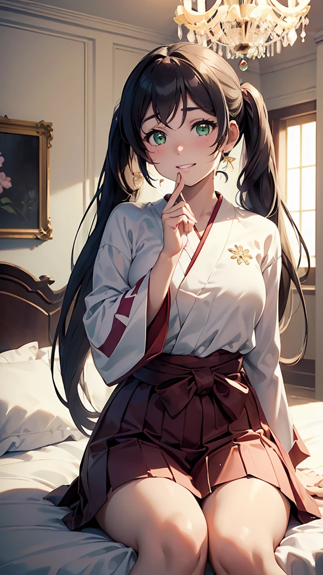 nozomi toujou, (green eyes:1.5), purple hair, twintails, low twintails, scrunchie, long hair,hakama, hakama skirt, japanese clothes, miko, red hakama, long sleeves,--- (8K, Raw, Best quality, Real 1.2), Ultra high quality, High resolution, Best quality, Perfect face, Perfect limbs, Perfect fingers, High resolution, (Beautiful anime face, Cute face, detailed face), (bewildered: 1.3), (embarrassed: 1.3), (slightly surprised expression: 1.3), sitting on bed, cowboy shot, miniature human hand, (((medium bust 1.3))), (((thin thighs 1.3))), ((white walled bedroom 1.5)), ((white framed bed 1.5)), ((white ceilinged bedroom 1.5)), ((divine light 1.5)), pure white chalk interior, pure white marble interior, ((pure white bedroom like a western castle: 1.5)), ((Luxurious pure white canopy bed: 1.4)), ((Chandelier: 1.4))), ((Pure white bed 1.5)), ((Beautifully decorated bedroom 1.5)), Perfect anatomy, Perfect proportions, Nice lighting, Bright colors, Clean lines, Information, Blurred, Stunning facial expression, Restless emotions, Gorgeous and cute, Beautiful face and eyes in every detail, (Masterpiece) Beautiful face, Young and handsome girl, Really perfect skin, Blurred, Stunning facial expression, Restless emotions, Gorgeous and cute, Beautiful face and eyes in every detail, (Audrey Hepburn), (Cute), (J-POP idol), (Thighs, (Depth of field), (Depth of field), Soft light, Sparkling lens gaze, (Droopy eyes), Straight teeth, Shy smile, Flowing hair, A scene from Blake's movie,