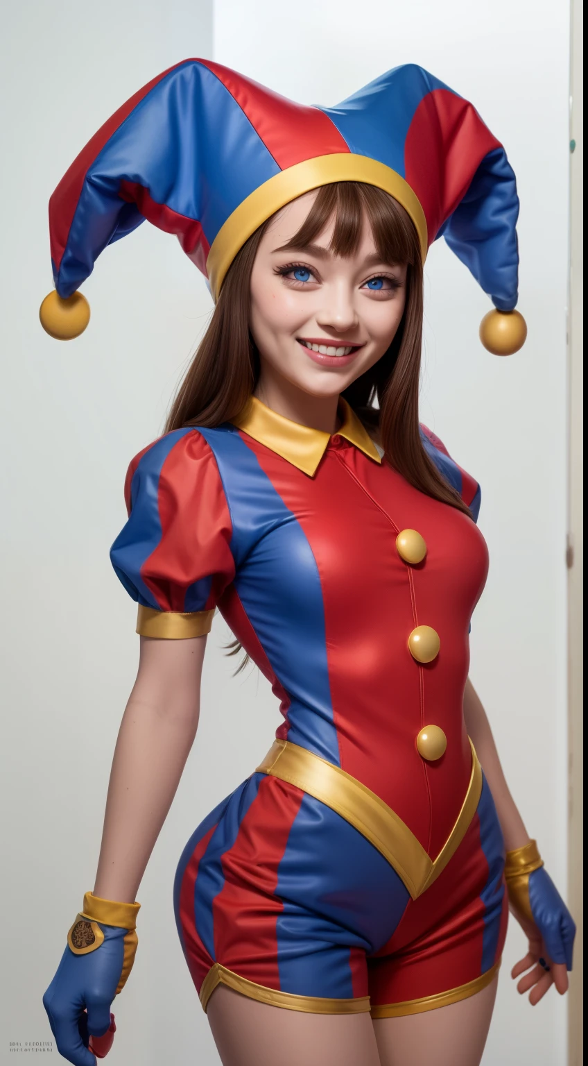 pomni, multicolored clothes, jester cap, puffy short sleeves, gloves, buttons, colored skin, symbol-shaped pupils, red eyes, blue eyes, white background, scenery, ink, light smile,