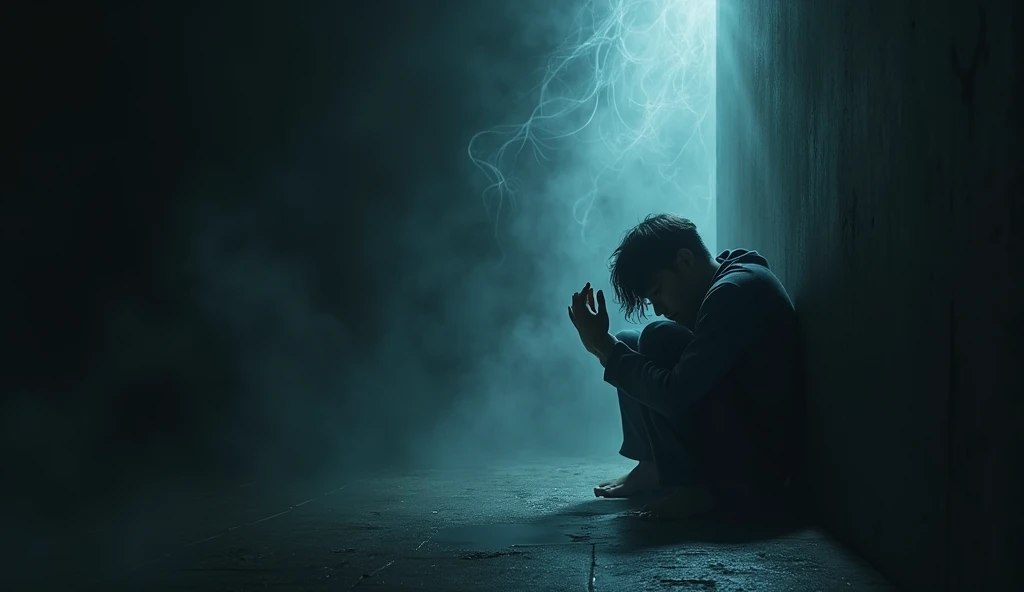 A dark room, where one of the friends huddles in a corner, his hands shaking as he tries to cover his ears. The whispers are represented as ethereal sound waves, forming words that float in the air, hinting at secrets and fears.