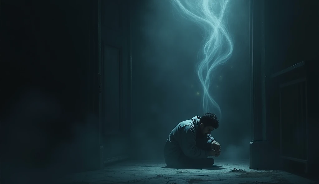 A dark room, where one of the friends huddles in a corner, his hands shaking as he tries to cover his ears. The whispers are represented as ethereal sound waves, forming words that float in the air, hinting at secrets and fears.