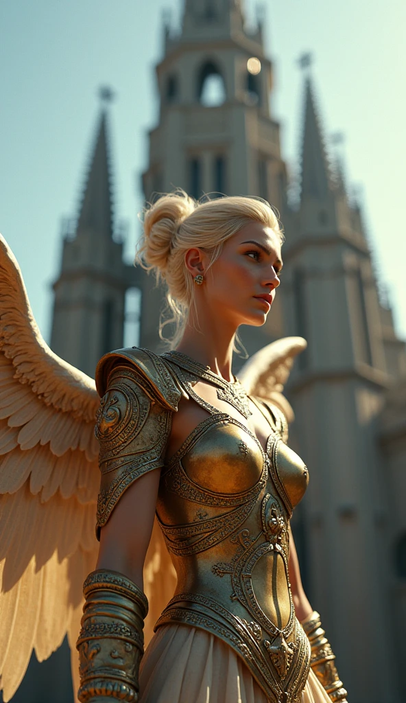 A very beautiful angel clad in ancient Greek-style bronze armor, blue sky, With a medieval European church in the background, Cinematic lighting