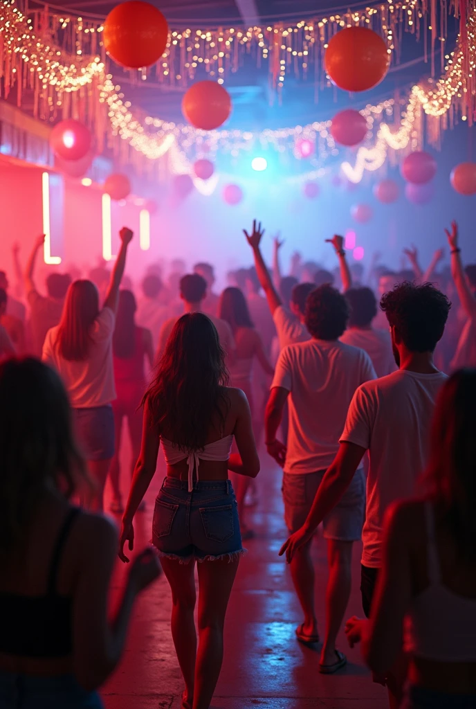 A vibrant image of a college party with festive decorations, glittering lights, and groups of agers dancing and having fun. realisitic,cinematic, 8k