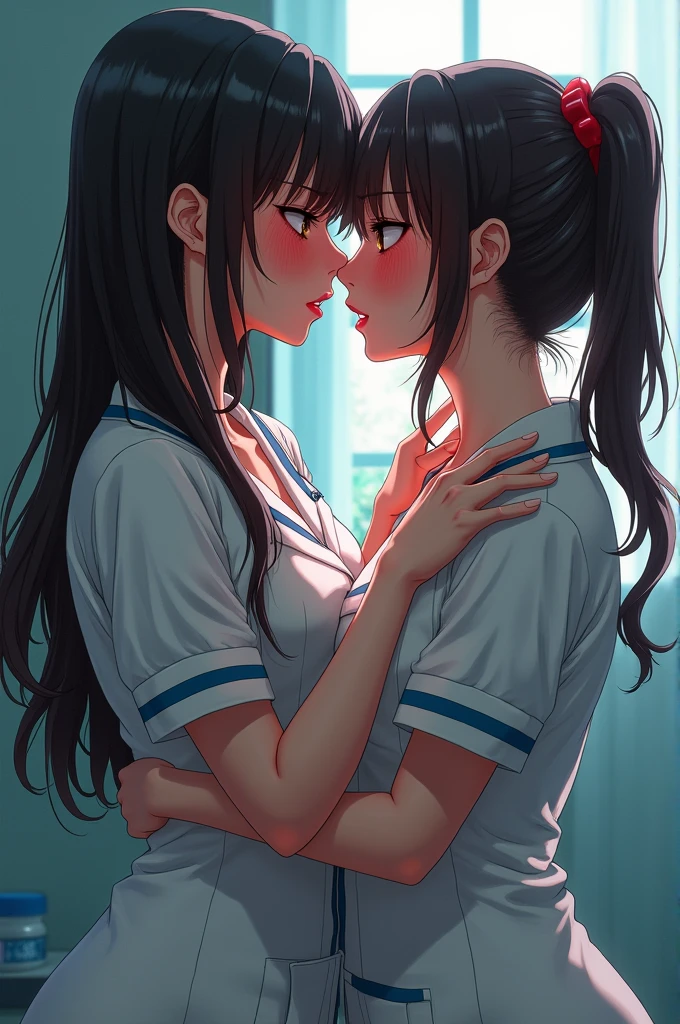 Two nurses having fun in the examination room、Lesbian act of metamorphosis Mika、obscene、tears、A desperate look、red blush、restrained chest、pees herself、kiss