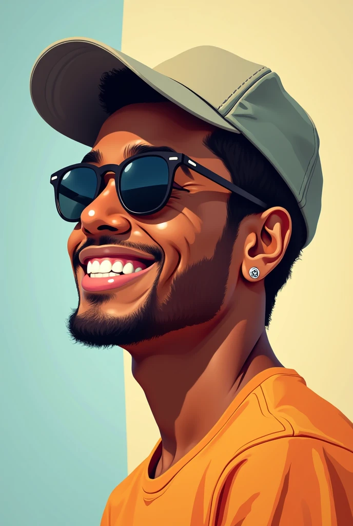 Create a vector image of a man's face only. He should be brown-skinned, have a round face in profile, be wearing sunglasses and a cap, and be smiling.