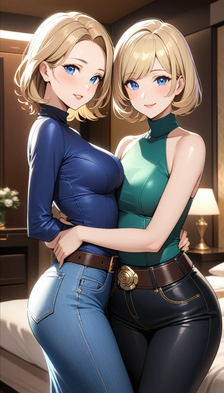 Two beautiful ladies ((lady 1: 45y old mom, with short straight blonde hair with blue eyes and caucasian skin, wearing Tight Denim Skirt and Leather Belt, Sexy Turtle Neck Mid Sleeves Blue Blouse)), ((lady 2: 20y old daughter, with short straight blonde hair with blue eyes and caucasian skin, wearing Tight Denim Skirt and Leather Belt, Sexy Turtle Neck Short Sleeveless Green Blouse)), ((lady 1: 45y old mom wearing luxurious jewelry, 18k gold wedding ring on left hand)), standing in their bedroom at night, mother hugging and kissing her daughter from behind, (light brown lipstick), (elegant mascara), (slim body), (small breasts), (wide hips), endjourney, <lora:GoodHands-, <lora:GoodLegs-, UHD, high resolution, (expressive eyes, perfect face, full body, expressive face, perfect body, perfect pussy, athletic, fit, slim body, blushing, Perfect makeup, eyeliner, beautiful eyelashes, smiling, horny face), ((best illumination, best shadows)), ((sexy pose))
