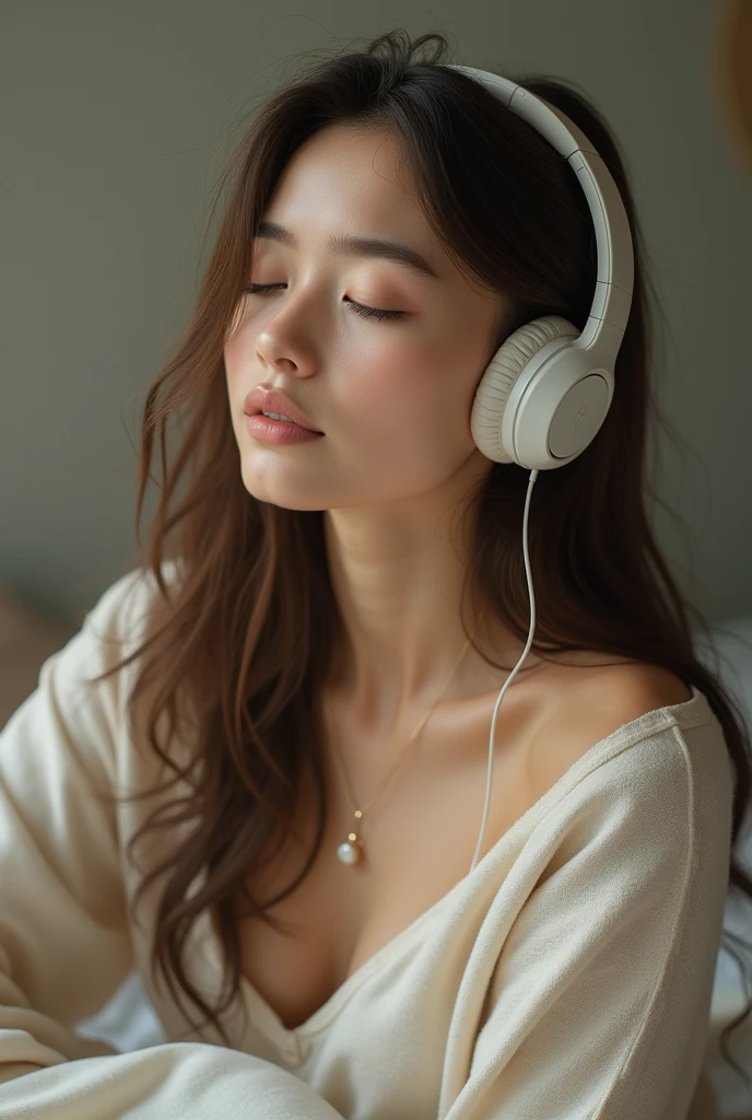 Young woman without makeup listening to music with headphones