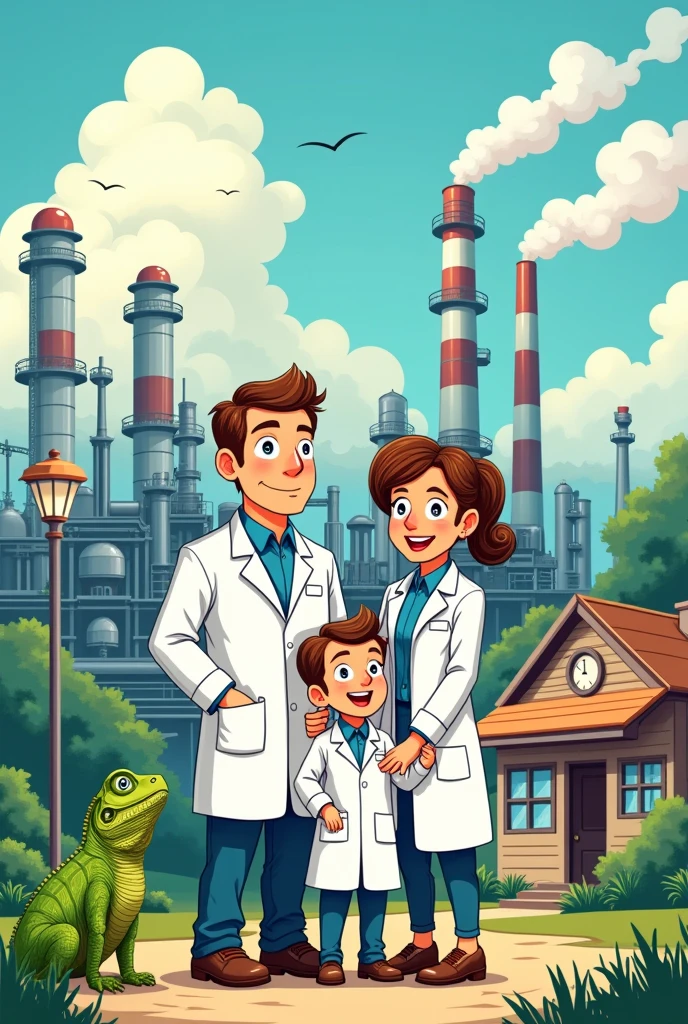 Image for tshirt, of a Family of workers with white coats, outside of analitycal laboratory, out side of a petroleum refinery, toon, vivid color , draw one green iguanas, parents,no reallistic, called "ECO FEST", toon