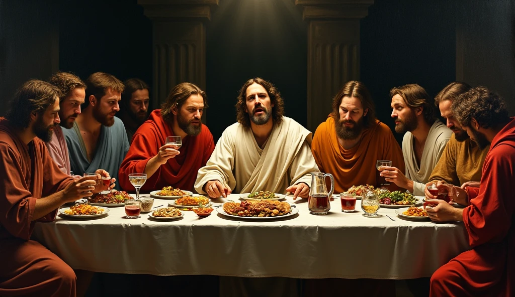 An artistic interpretation of the Last Supper. The table is full of food and the apostles are in different postures, Reflecting varied emotions. The colors are rich and deep, Creating an atmosphere of intimacy and reflection.