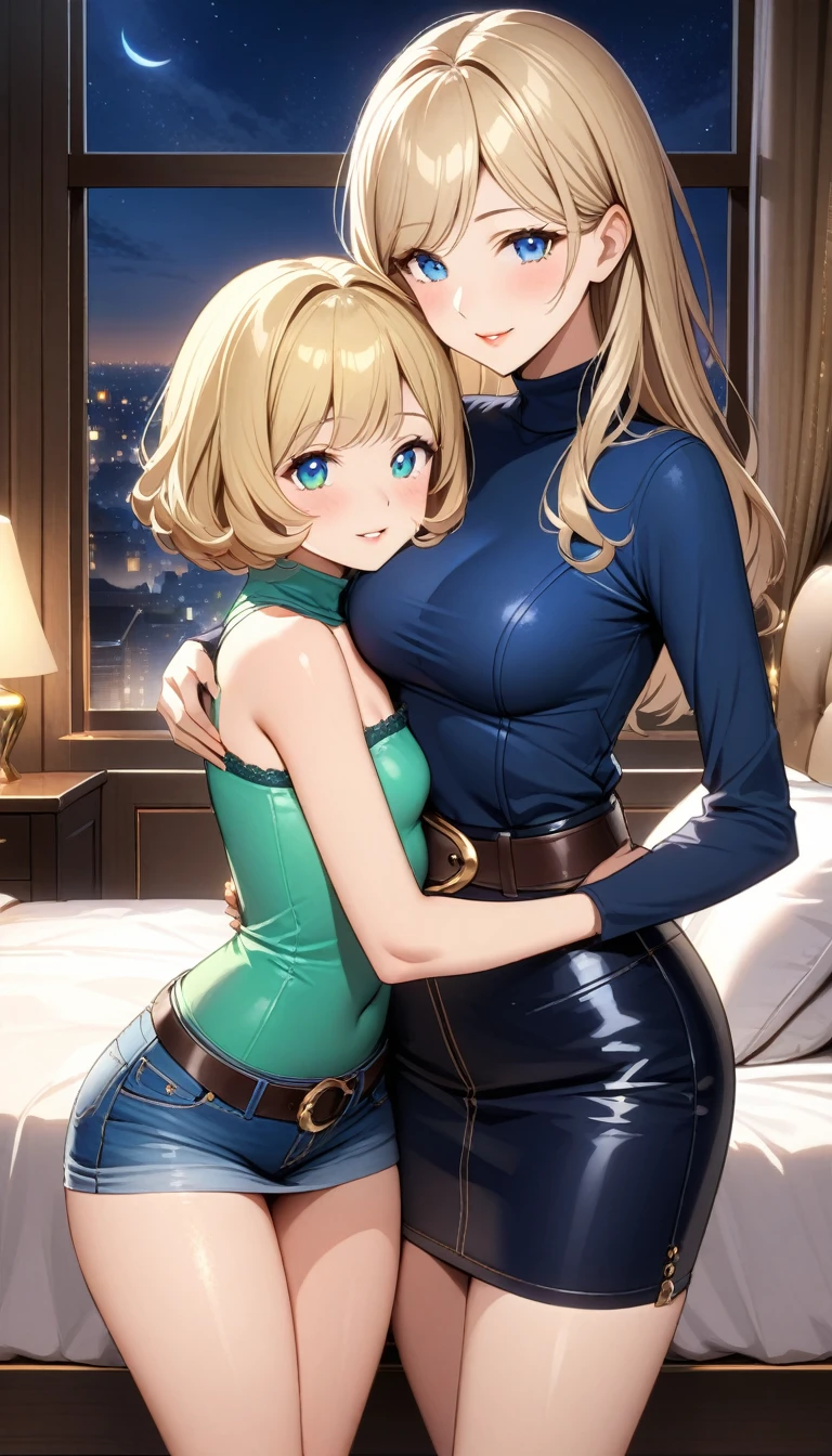 Two beautiful ladies ((lady 1: 45y old mom, with short straight blonde hair with blue eyes and caucasian skin, wearing Tight Denim Skirt and Leather Belt, Sexy Turtle Neck Mid Sleeves Blue Blouse)), ((lady 2: 20y old daughter, with short straight blonde hair with blue eyes and caucasian skin, wearing Tight Denim Skirt and Leather Belt, Sexy Turtle Neck Short Sleeveless Green Blouse)), ((lady 1: 45y old mom wearing luxurious jewelry, 18k gold wedding ring on left hand)), standing in their bedroom at night, mother hugging and kissing her daughter from behind, (light brown lipstick), (elegant mascara), (slim body), (small breasts), (wide hips), endjourney, <lora:GoodHands-, <lora:GoodLegs-, UHD, high resolution, (expressive eyes, perfect face, full body, expressive face, perfect body, perfect pussy, athletic, fit, slim body, blushing, Perfect makeup, eyeliner, beautiful eyelashes, smiling, horny face), ((best illumination, best shadows)), ((sexy pose))
