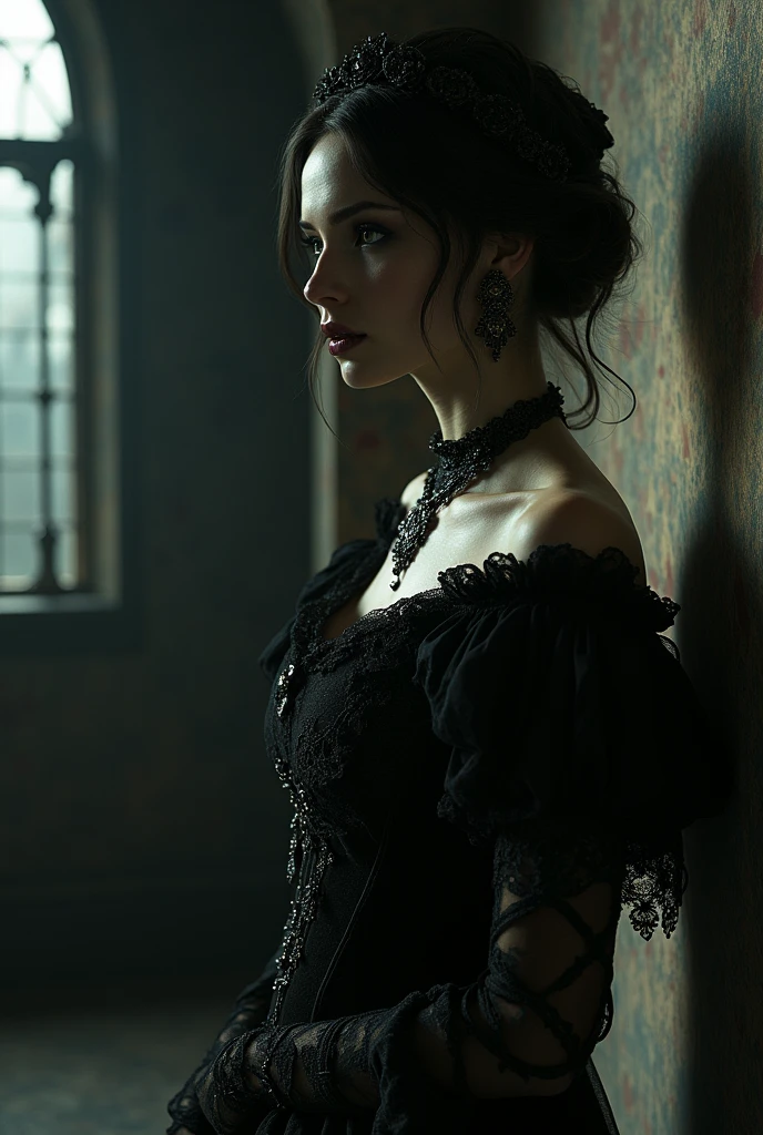 Create a detailed Gothic-style character in the vein of John Atkinson Grimshaw. The character should be depicted in a side view (Vista Lateral) to emphasize the intricate details of their attire and accessories. The image should be hyper-realistic, in high resolution (4K/8K), and utilize HDR to highlight the dramatic contrasts between light and shadow, creating a rich and atmospheric Gothic ambiance.