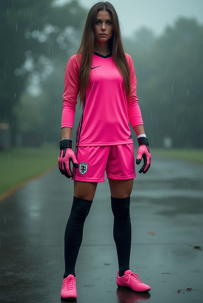Beautiful women soccer Goalkeeper in Nike uniform shorts pink Nike, black socks with shinguards, Pink soccer shoes adidas, ultra realistic in 8k, rainy, big, long brown hair,