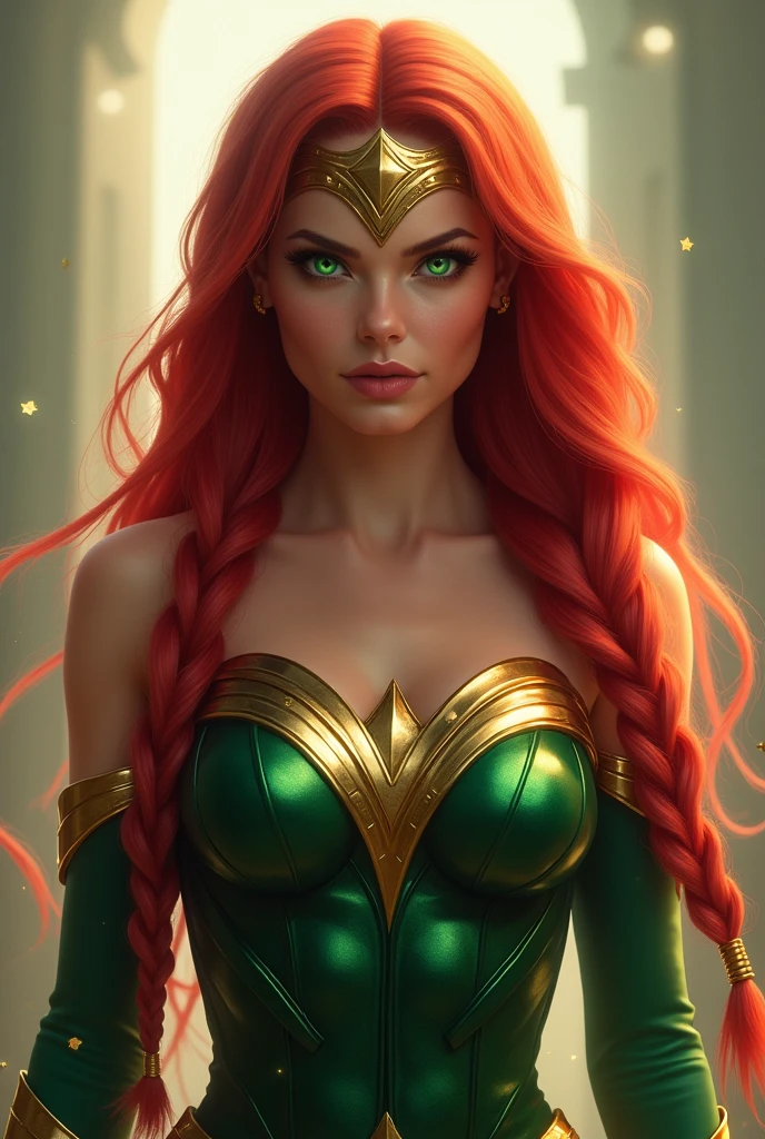 Beautiful red-haired woman with a three-foot-long braid wearing a green Wonder Woman costume. Diaema Wonder Woman on her forehead, green eyes.