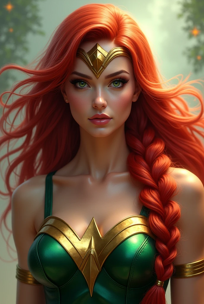 Beautiful red-haired woman with a three-foot-long braid wearing a green Wonder Woman costume. Diaema Wonder Woman on her forehead, green eyes.