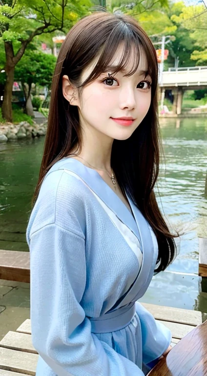 Tabletop, Highest quality, shape, Very detailed, finely, High resolution, 16K, Perfect dynamic composition, Straight hair, Medium Hair, Brown Hair,Natural color lip, smile, 20 year old girl、cute、beautiful、完璧でbeautiful顔, beautiful and detailed face, Slim face and body, Elegant face, KPOP idol faces、Japanese idol faces、Small face、Big eyes, Brown eyes, Droopy eyes, 緻密でbeautiful目, , No bangs, Near the river、yukata、
