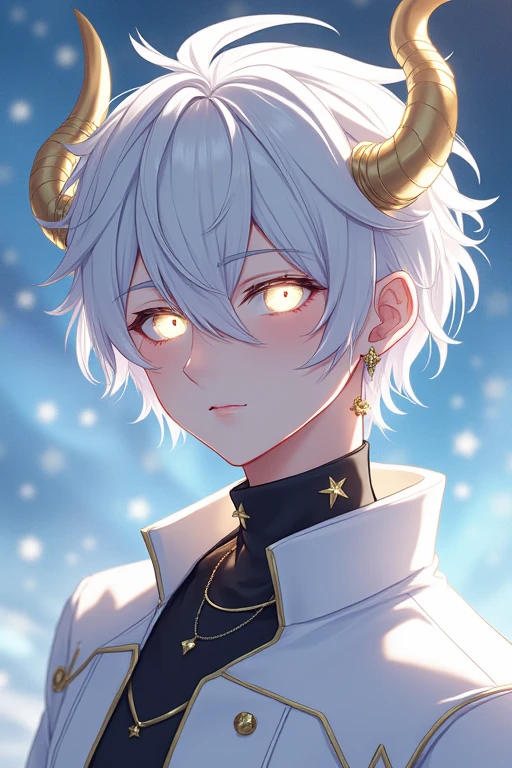 1 Anime and Vtuber style boy 2 White jacket, star earrings and black collar 3 White hair and white horns with golden details and white star eyes