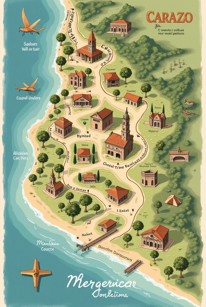 I would like a drawing on a map of Carazo - Santa Teresa - Nicaragua, where the main geographical elements are located, monuments and historical sites
